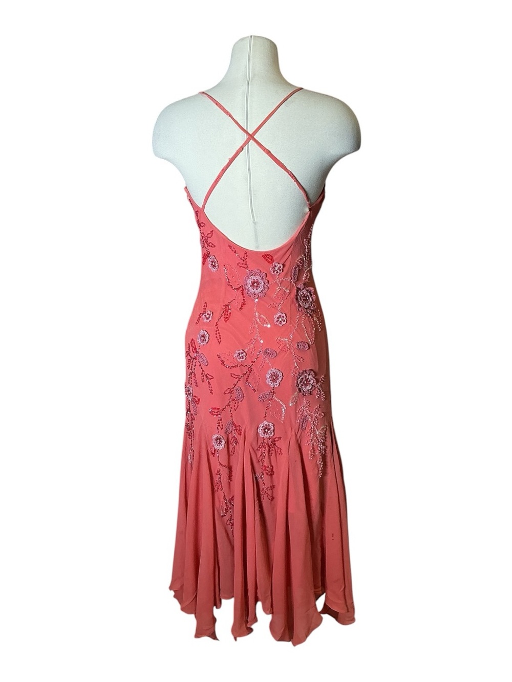 Y2K Sue Wong Silk Crochet Beaded Applique Handkerchief Pink Midi Dress Size 6 - Picture 3 of 8